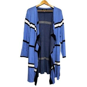 Kasper Blue Open Front Waterfall Cardigan 2X Stripe Knit Duster Sweater Boho